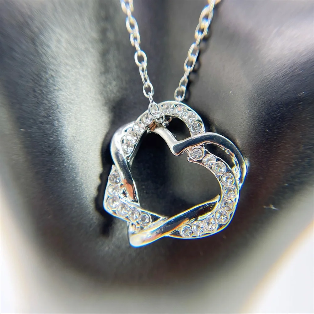 Two Hearts Pendant Necklace with Swarovski Crystals - Silver Heart Necklace gift